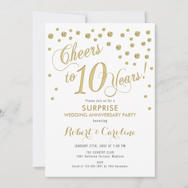Invitation 10e anniversaire de mariage - Blanc & Or (Devant)