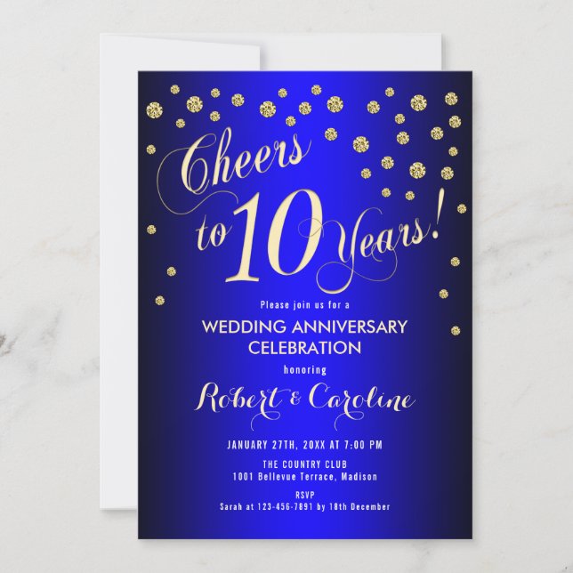 Invitation 10e anniversaire de mariage - Bleu royal et or (Devant)