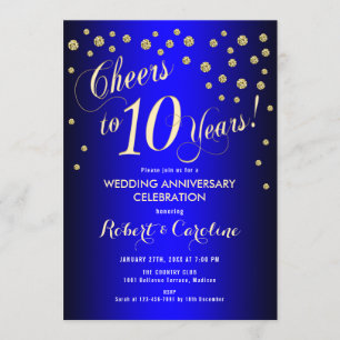 Invitation 10e anniversaire de mariage - Bleu royal et or