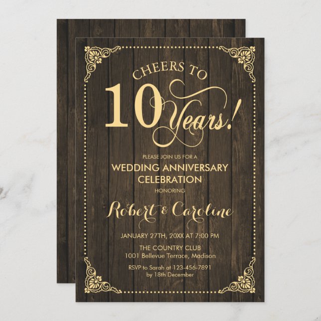 Invitation 10e anniversaire de mariage - Bois doré (Devant / Derrière)