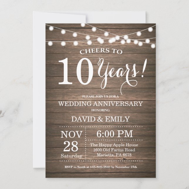 Invitation 10e anniversaire de mariage Bois rustiq (Devant)