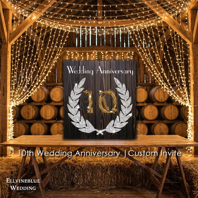 Invitation 10e anniversaire de mariage | Bois rustique et or (10th Wedding Anniversary Invite | Rustic Wood & Diamond Laurel. Size: 5.25” x 5.25”)