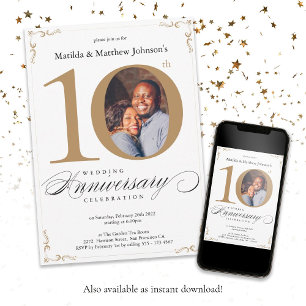 Invitation 10e anniversaire de Mariage Calligraphie d'or blan