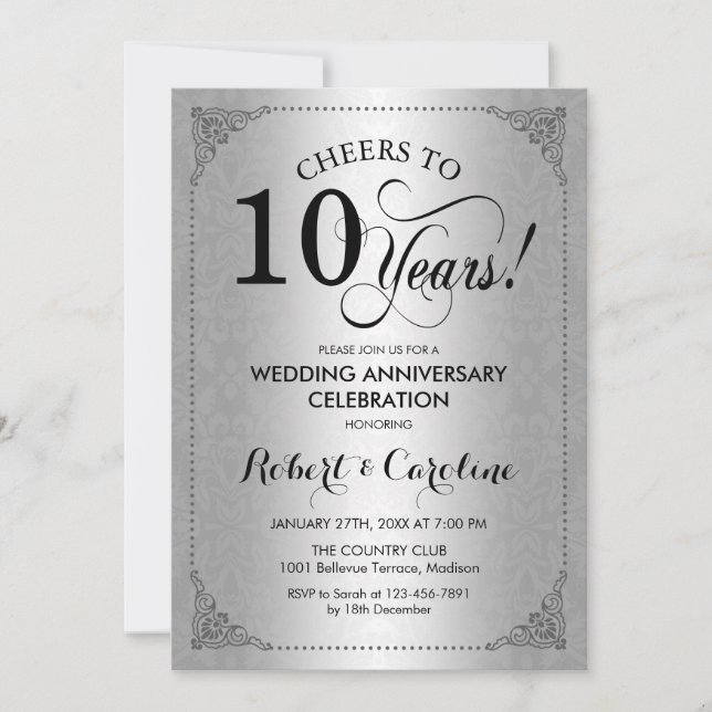 Invitation 10e anniversaire de mariage - Damassé noir argenté (Devant)