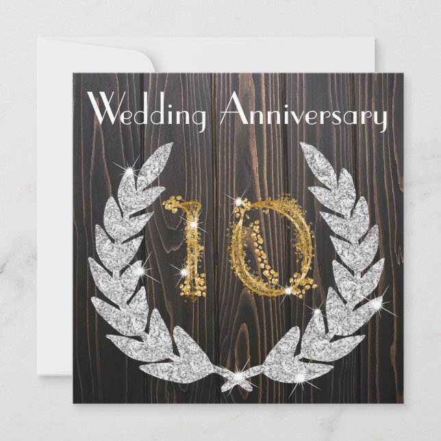 Invitation 10e anniversaire de mariage Diamant Laurier & Or (Devant)