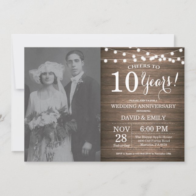 Invitation 10e anniversaire de mariage en bois rustique (Devant)
