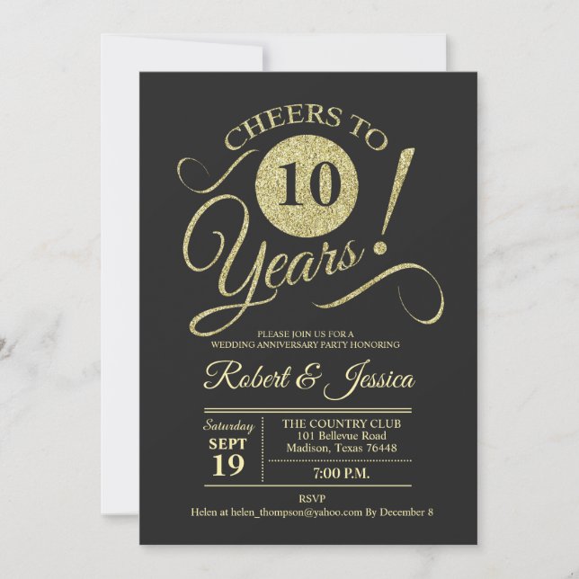 Invitation 10e Anniversaire de Mariage Motif Tableau Noir Dor (Devant)