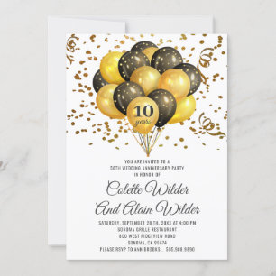 Invitation 10e anniversaire de mariage or et noir sur fond bl
