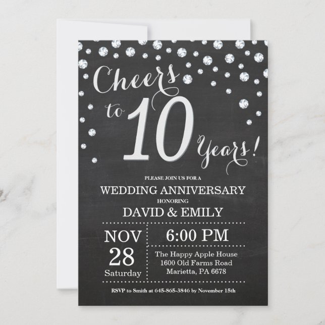 Invitation 10e anniversaire de mariage tableau noir argent (Devant)