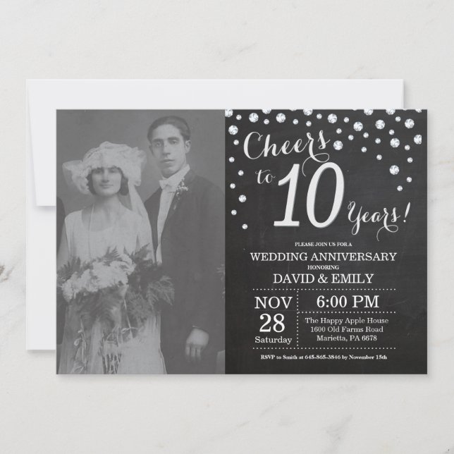 Invitation 10e anniversaire de mariage tableau noir argent (Devant)