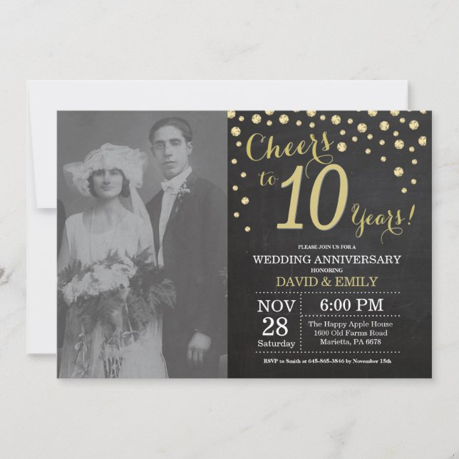 Invitation 10e anniversaire de mariage tableau noir et or (Devant)