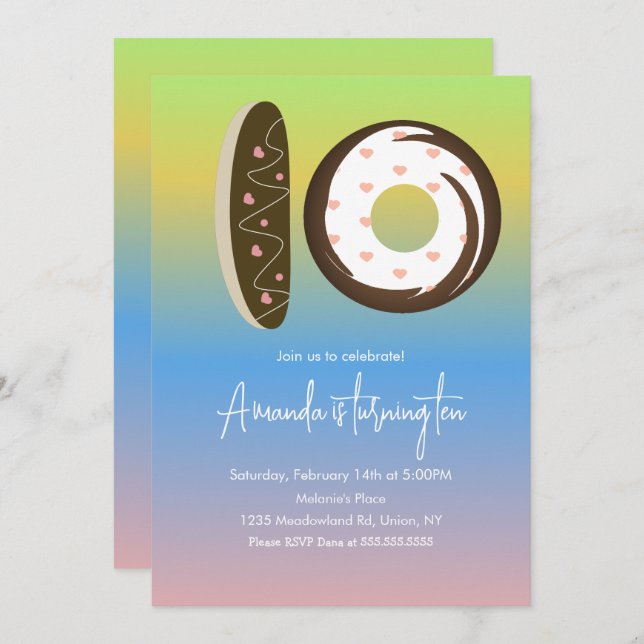 Invitation 10e anniversaire Donuts Rainbow Ombre Party (Devant / Derrière)