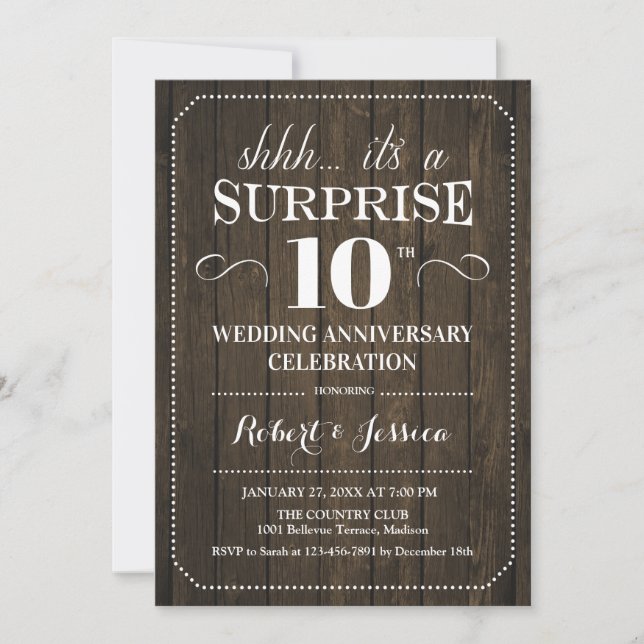 Invitation 10e anniversaire du Mariage surprise - Bois rustiq (Devant)