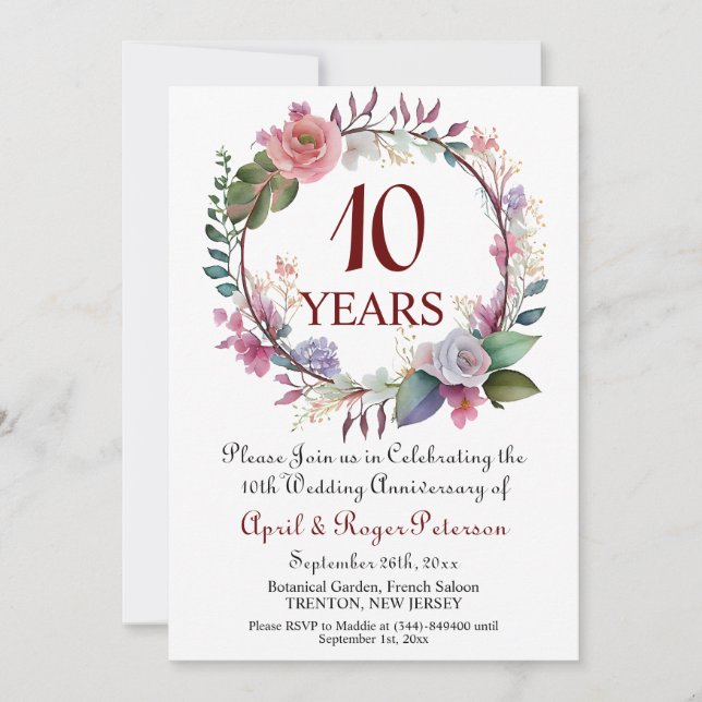 Invitation 10e anniversaire du Mariage Tin Floral (Devant)