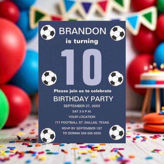 Invitation 10e Anniversaire Fête de football Marine Bleu Boys (Créateur téléchargé)