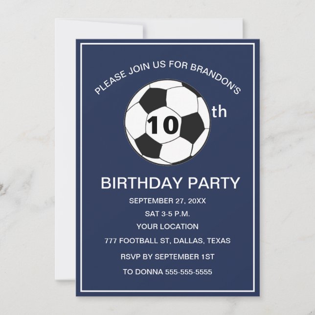 Invitation 10e Anniversaire Fête de football Marine Bleu Boys (Devant)