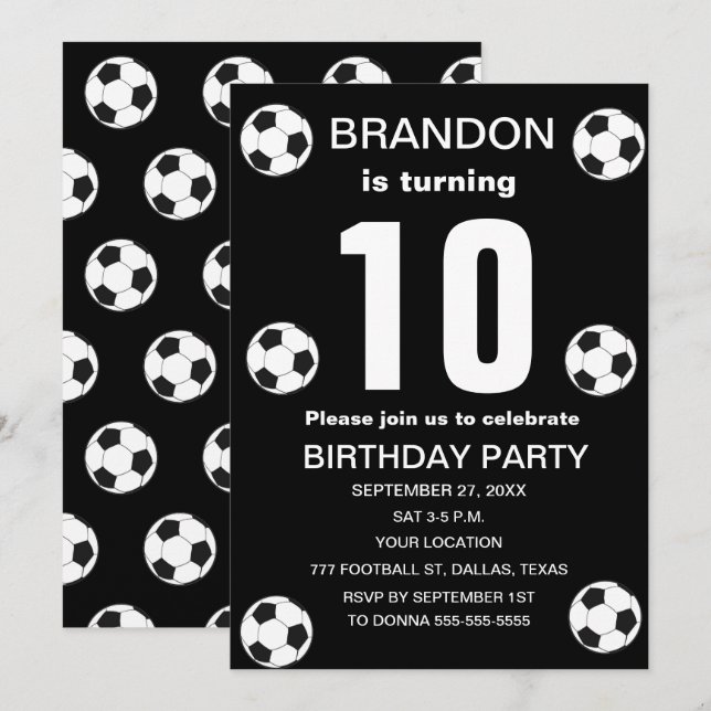Invitation 10e Anniversaire Fête Football Black Boys Sports (Devant / Derrière)