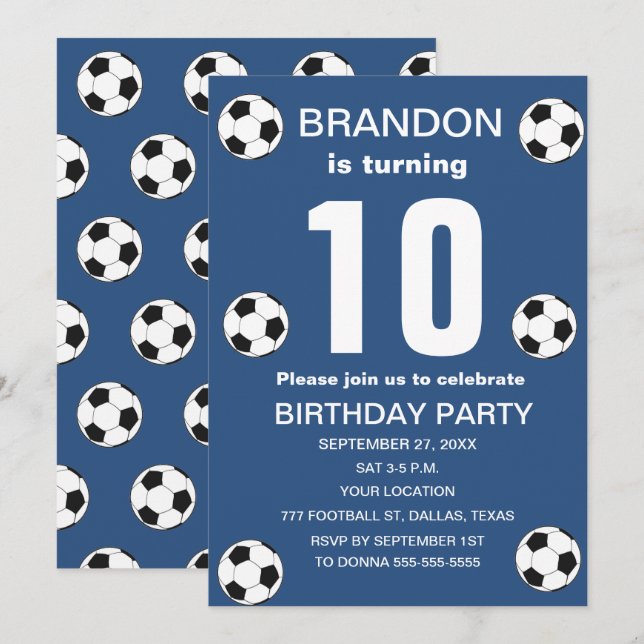 Invitation 10e Anniversaire Fête Football Bleu Garçons Sports (Devant / Derrière)