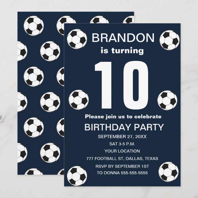 Invitation 10e Anniversaire Fête Football Bleu Garçons Sports (Devant / Derrière)