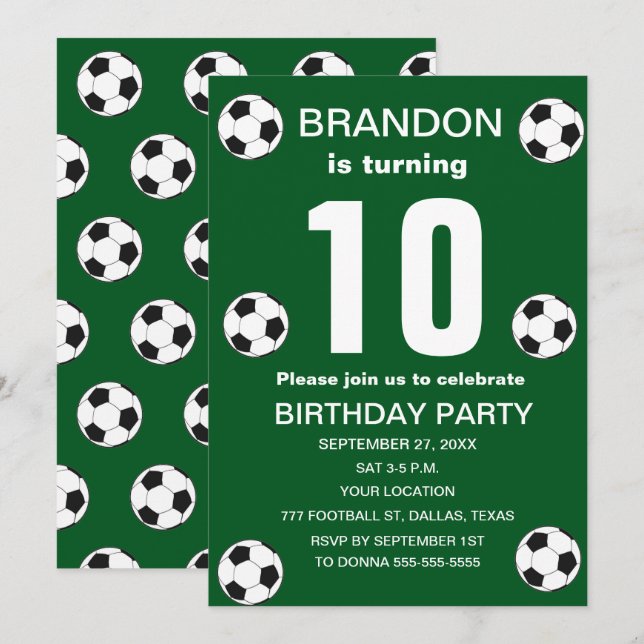 Invitation 10e Anniversaire Fête Football Green Boys Sports (Devant / Derrière)