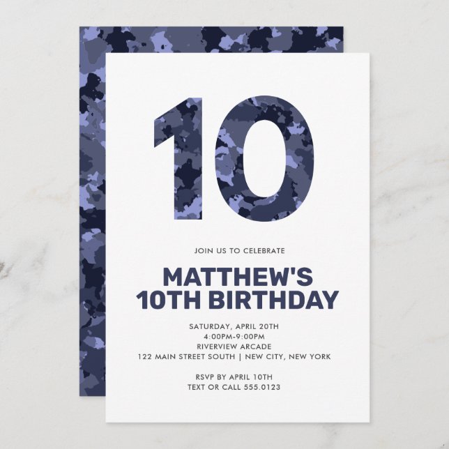 Invitation 10e anniversaire, Fête personnalisée Camo Bleu (Devant / Derrière)