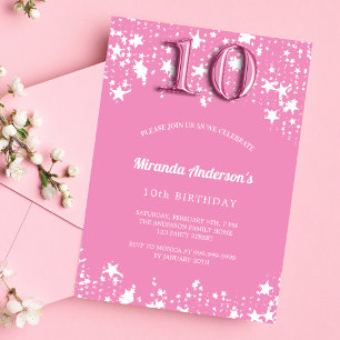 Invitation 10e anniversaire fête rose blanc étoiles fille lux