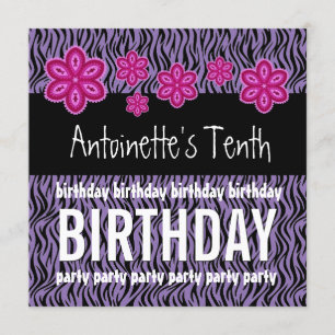 Invitation 10e anniversaire Fleurs roses et Zèbre pourpre A07