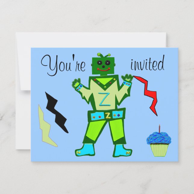 Invitation 10e Anniversaire Garçon Robot Vert et Étoiles de B (Devant)
