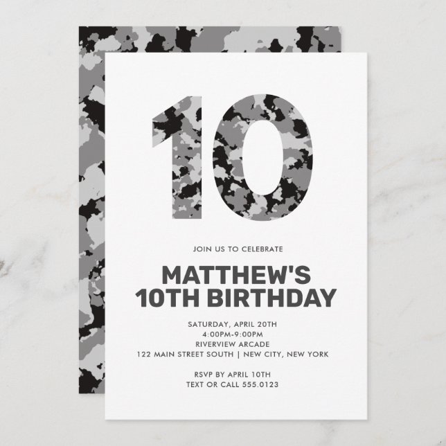 Invitation 10E Anniversaire, Gray Camo Fête personnalisée (Devant / Derrière)