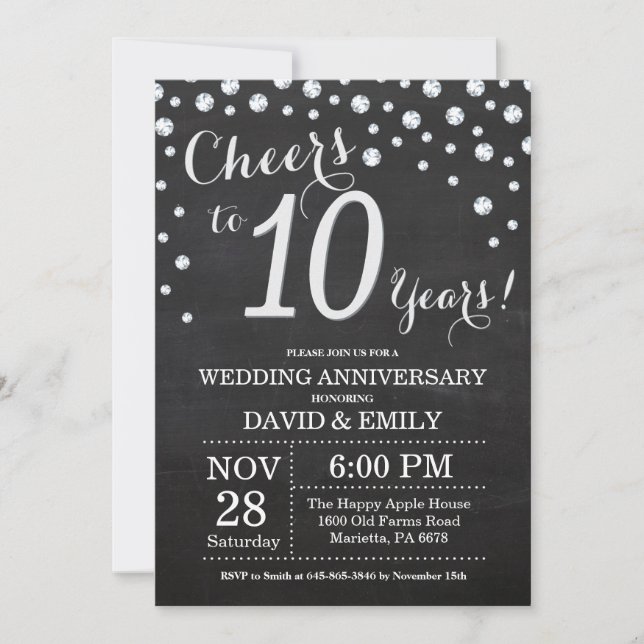 Invitation 10e anniversaire Mariage Chalkboard noir argent (Devant)