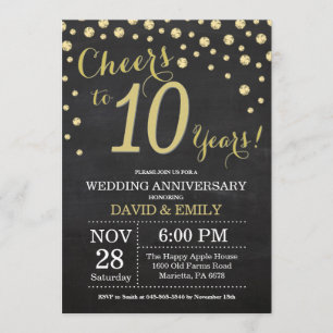 Invitation 10e anniversaire Mariage Chalkboard noir et or