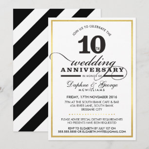 Invitation 10E ANNIVERSAIRE MARIAGE classe or élégant noir