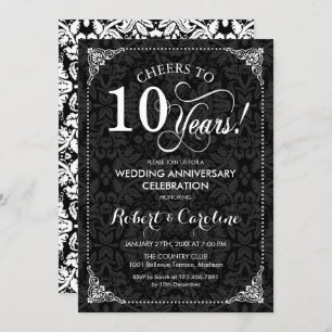 Invitation 10e anniversaire Mariage - Damas noir blanc