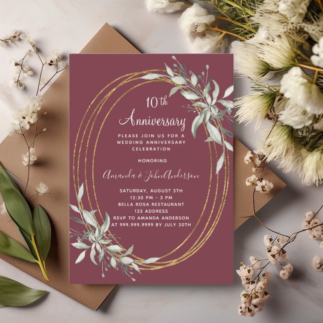 Invitation 10e anniversaire mariage de la verdure bordeaux (Créateur téléchargé)