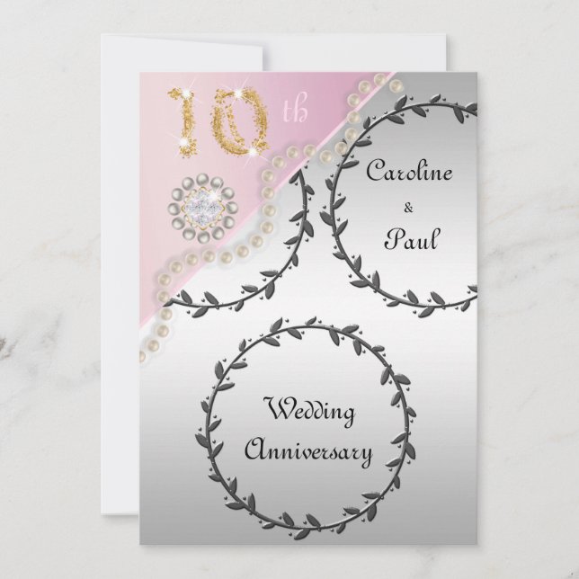 Invitation 10e anniversaire Mariage Embossed Silver Rose or (Devant)