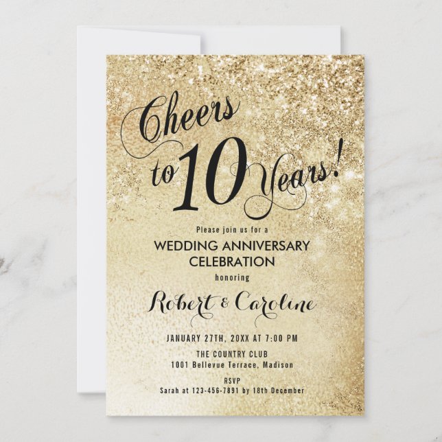 Invitation 10e anniversaire Mariage or (Devant)