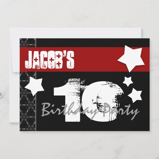 Invitation 10e Anniversaire Moderne pour lui Rouge Blanc Noir (Devant)