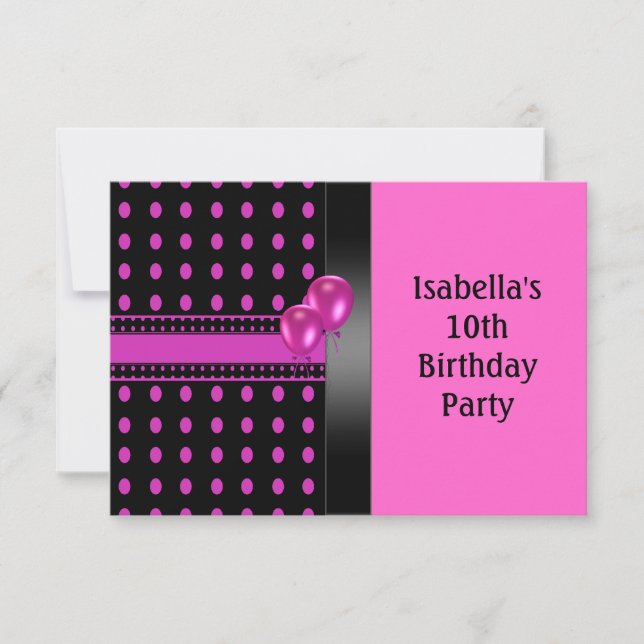 Invitation 10e anniversaire motif de points noir rose et ball (Devant)