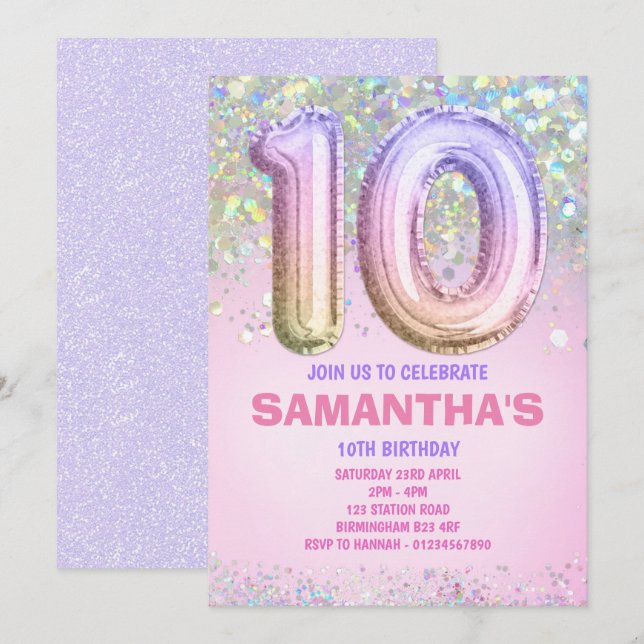 Invitation 10e anniversaire, Parties scintillant arc-en-ciel  (Devant / Derrière)