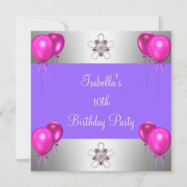 Invitation 10e Anniversaire Pink Ballons Argent Purple (Devant)