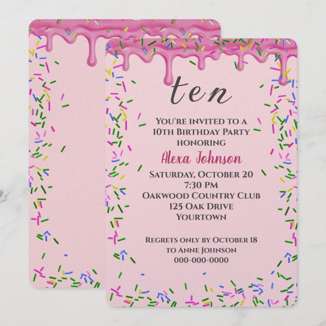 Invitation 10e Anniversaire Pink Icing Et Sprinkles (Devant / Derrière)