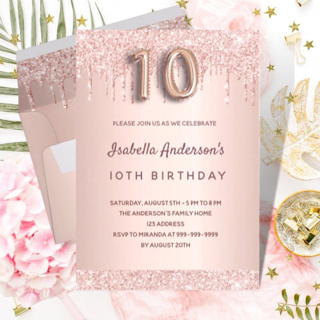 Invitation 10e anniversaire rose parties scintillant or goutt (Créateur téléchargé)