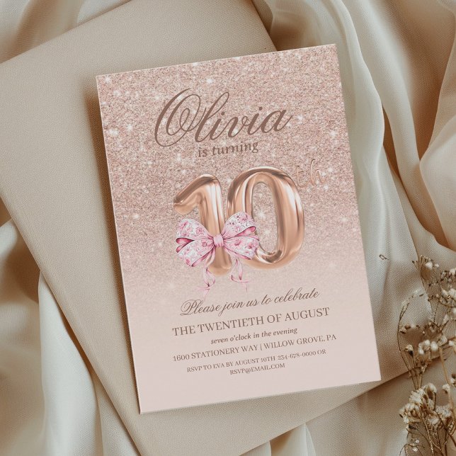 Invitation 10e anniversaire Rose rose or bow fête d'anniversa (Créateur téléchargé)