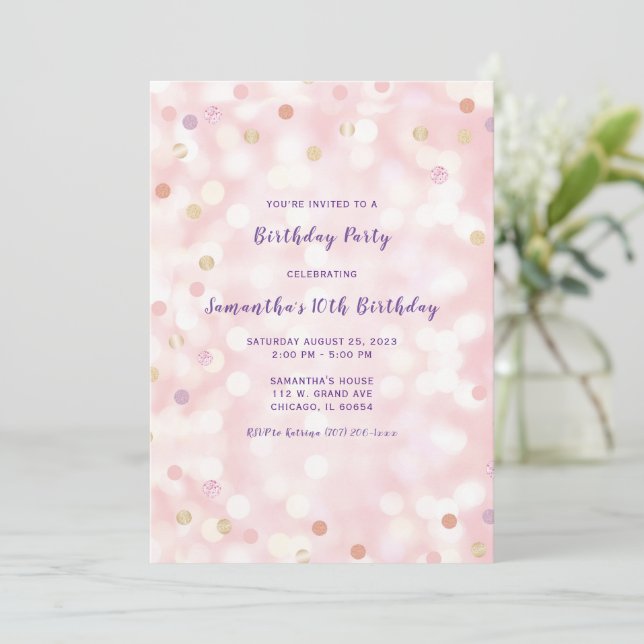 Invitation 10e Anniversaire Violet Rose Or (Debout devant)