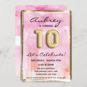 Invitation 10e fille Anniversaire rose et or