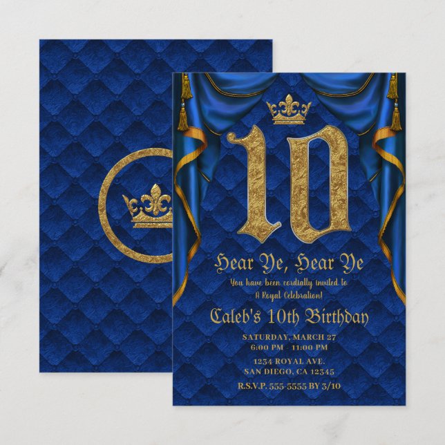 Invitation 10ème 10 Anniversaire Fête Royal Bleu Couronne Or  (Devant / Derrière)