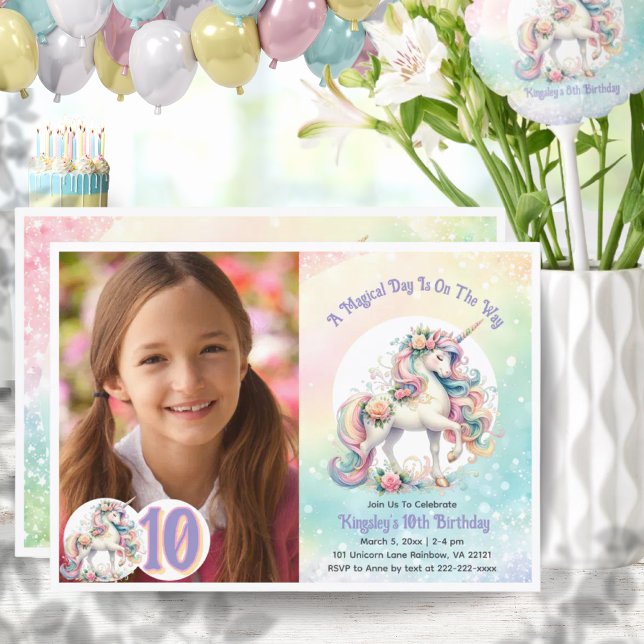 Invitation 10ème Unicorn Anniversaire Party Pastel Rainbow (10th Tenth Unicorn Birthday Party Pastel Rainbow Invitation)