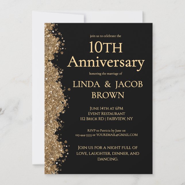 Invitation 10th Wedding Anniversary Gold Faux Glitter  (Devant)