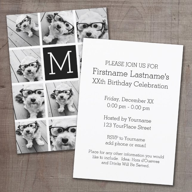 Invitation 11 Grille de Collage de Photos avec Monogramme (Photo Collage Birthday Party Invitation)