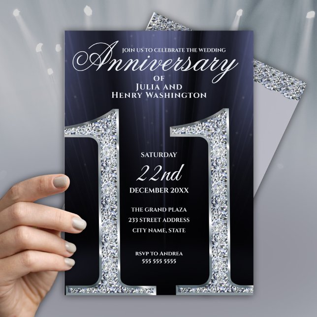Invitation 11e Anniversaire Diamant Argent Années Bleu Foncé (Créateur téléchargé)